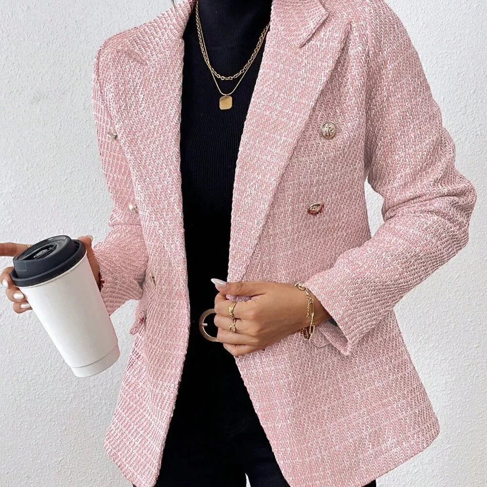 Baby Pink Elegant Women's Plain Color Double Breasted Long Sleeve Suit Jacket - Picture 4 of 6